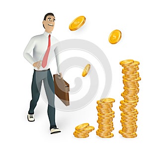 Businessman character in 3D cartoon stile. Man in white shirt with money staircase. Vector illustration