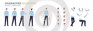 businessman character for animation. Creation set with various views, face emotions, poses and gestures.