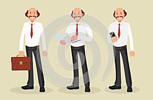 Businessman character with briefcase, laptop and phone.