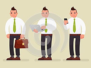 Businessman character with briefcase, laptop and phone. Vector illustration