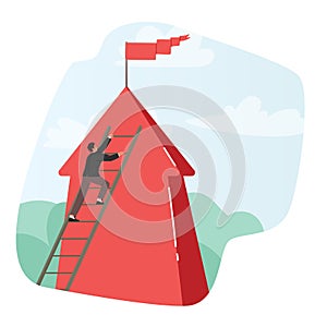 Businessman Character Climb Ladder To Huge Red Arrow Top With Flag. Man Achieve Goal, Person Ascend By Stairs To Success