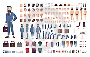 Businessman character constructor. Male clerk creation set. Different postures, hairstyle, face, legs, hands