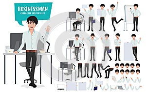 Businessman character creation kit and vector set. Business man young asian male characters office employee.