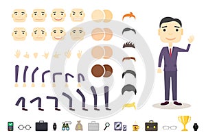 Businessman character creation set. Build your own design. Cartoon vector flat-style. White background. Vector
