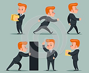 Businessman Character Different Positions and Actions Icons Set Retro Cartoon Design Vector Illustration