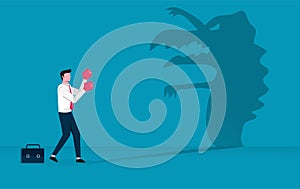 Businessman character fighting against scary shadow vector illustration