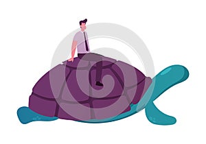 Businessman Character in Formal Wear Riding Huge Turtle. Business Competition, Acceleration and Progress Concept