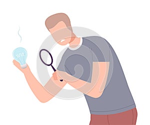 Businessman Character Having No Idea, Depressed Unsuccessful Looking at Off Light Bulb Through Magnifier Flat Vector