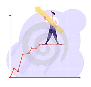 Businessman Character with Huge Arrow in Hands Stand on Top of Growing Business Chart Curve Line on Coordinate System