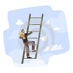 Businessman Character With Light Bulb In Hands Climb Ladder To Achieve Goal. Man With Creative Idea Ascend By Stairs