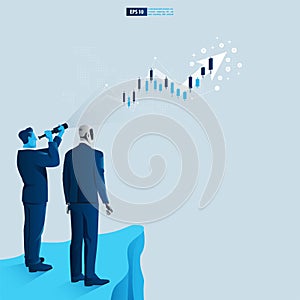 Businessman character looking through telescope seeing success vision with arrow up. Financial, Return on investment ROI chart inc