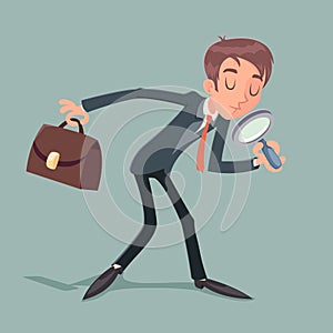 Businessman Character with Magnifying Glass and Briefcase Search Quest Possibility Development Icon on Stylish