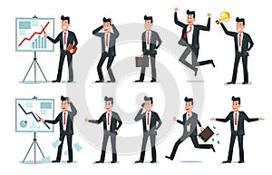 Businessman character. Office employee workers, tired finance worker and business characters cartoon vector illustration set