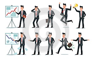 Businessman character. Office employee workers, tired finance worker and business characters cartoon vector illustration