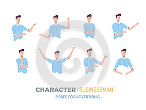 businessman character poses for advertising. Creation set with various views, face emotions, poses and gestures.