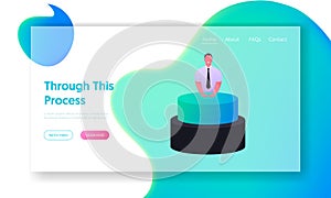 Businessman Character Push Huge Button Landing Page Template. Launching Business Project Startup. Strategy Realization