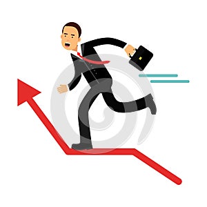 Businessman character running on the red raising chart arrow, business success Illustration