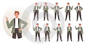 Businessman character set. Business people showing different gestures. Vector illustration