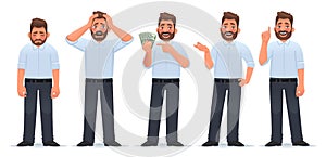 Businessman character set. Guy in different actions. The man is tired, he is in shock, holds money in his hands, says