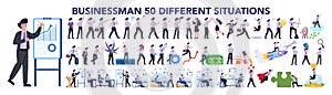 Businessman character set. Poses and meeting, data and hero.