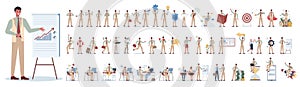 Businessman character set. Poses and meeting, data and hero.