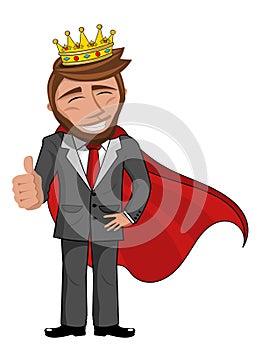 Businessman character smiling thumb up crown cape isolated