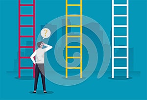 Businessman character standing in front of ladders confused making decision in business illustration. Choices, career growth,