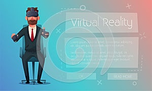 Businessman character wear virtual reality digital glasses. Cartoon Vector Illustration