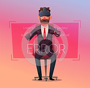 Businessman character wear virtual reality digital glasses. Cartoon Vector Illustration