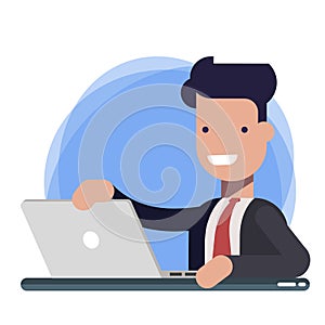 Businessman character working on laptop. Male person in black suit smiling while using his personal computer. Vector