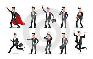 Businessman characters. Man of affairs, office computer work and business worker character vector illustration