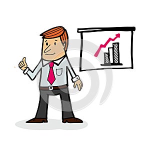 Businessman charakter, presenting graph chart, cartoon photo