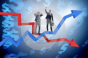 The businessman with charts of growth and decline