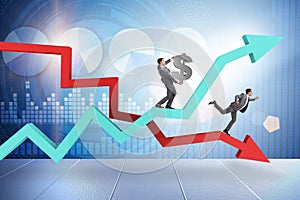 The businessman with charts of growth and decline