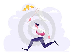 Businessman Chasing Flying Light Bulb Trying to Catch it with Butterfly Net. Business Man Searching Inspiration
