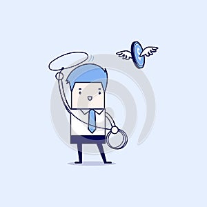 Businessman chasing flying money by rope, Financial concept. Cartoon character thin line style vector.