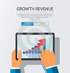 Businessman checking financial data on his tablet device. Vector flat