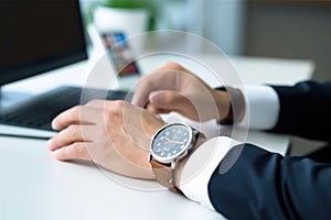 Businessman checking time from watch . generative AI