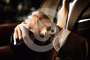 Businessman checking time from watch . generative AI