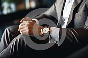 Businessman checking time from watch . generative AI