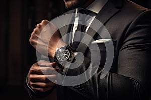 Businessman checking time from watch . generative AI
