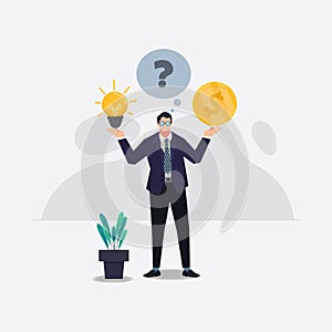 Businessman choose idea or money. Idea to make profit or financial planning concept design vector illustration