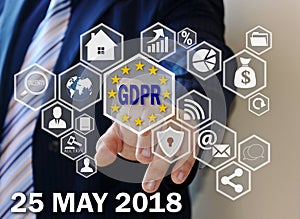 The businessman chooses the GDPR on the touch screen .General Data Protection Regulation concept may 25, 2018