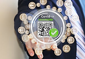 The businessman chooses the International certificate of vaccination from coronavirus on the touch screen. QR code vaccinated from