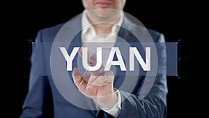 Businessman chooses YUAN digital option on the modern touchscreen display