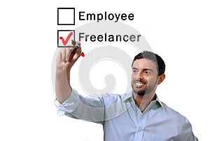 Businessman choosing freelancer to employee at formular ticking box with red marker