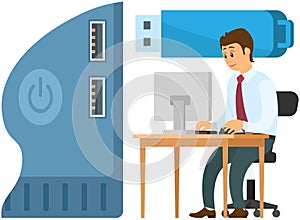 Businessman choosing port to insert cable and USB connection, USB port standard, data communications