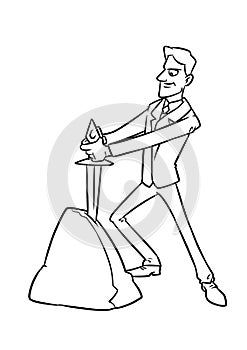 Businessman chosen fate, sword stone cartoon illustration