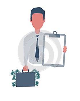 Businessman or clerk holding a blank paper and a suitcase with money. Male character in simple style with objects, flat