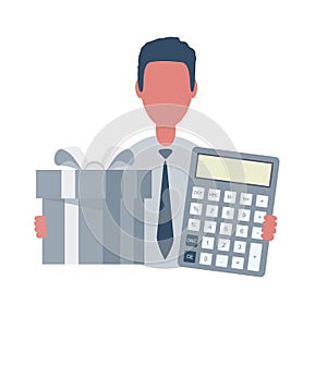 Businessman or clerk holding a calculator and a gift box. Male character in simple style with objects, flat vector